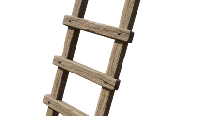 FARMING - Close-up of a rustic wooden ladder isolated on white background, perfect for construction, home improvement, or rustic decor projects