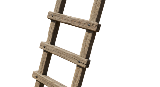 FARMING - Close-up of a rustic wooden ladder isolated on white background, perfect for construction, home improvement, or rustic decor projects