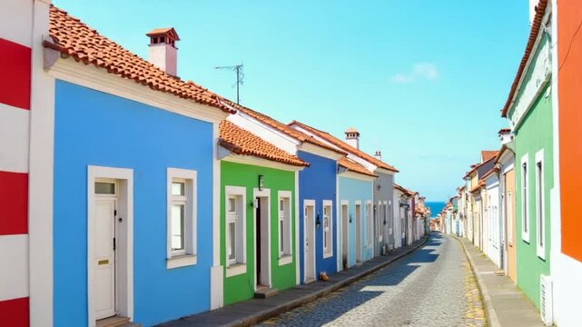 Vertical Video of Costa Nova Do Prado in Portugal, street with colorful and striped houses
