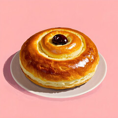 Delicious golden swirl pastry with dark berry topping on a plate, perfect for food blogs and cafes