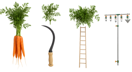FARMING - Fresh carrots with green leaves, gardening sickle, wooden ladder, and outdoor hanging lanterns on a pole isolated on white background, perfect for farming and gardening themes