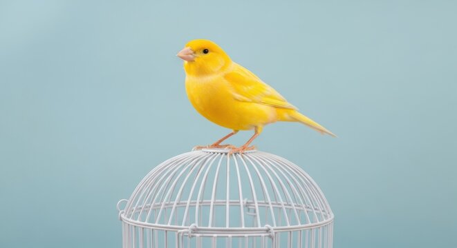 A Vibrant Yellow Canary Perched on a White Birdcage