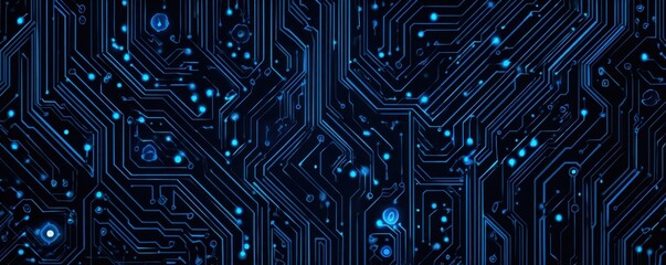 Detailed close-up view of intricate circuit board pathways.  Blue illuminated traces and components create a complex, technical pattern