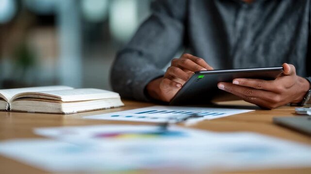 Medium shot of a sustainability officer reading legal CSRD disclosure points on a tablet background blurred with charts and open notebooks.