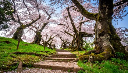 Cherry blossoms cascade over a pathway