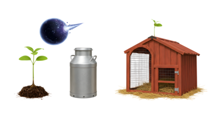 FARMING - Growth concept with seedling sprouting from soil, metal milk can, and wooden chicken coop isolated on white, perfect for farming and agriculture themes