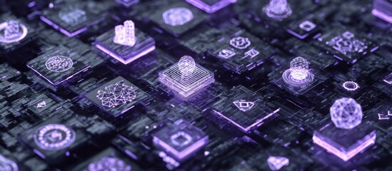 Abstract digital network of glowing purple cubes.  Interconnected, detailed, 3D graphic design with glowing symbols and elements.  Dark background enhances the illuminated forms