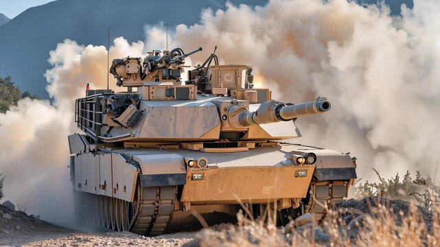 M1 Abrams Tank Maneuvering Through Dusty Terrain, Military Exercise in Mountainous Landscape, Modern Warfare, Army Training