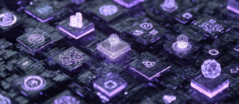 Abstract digital network of glowing purple cubes. Interconnected, detailed, 3D graphic design with glowing symbols and elements. Dark background enhances the illuminated forms - Powered by Adobe