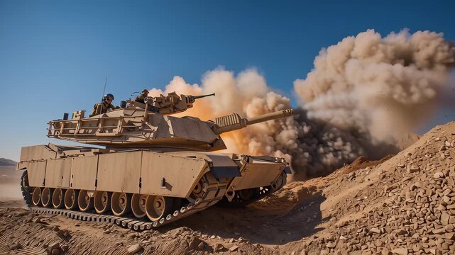 Military M1 Abrams Tank Firing Weaponry in Desert Environment with Crew, Explosion and Blue Sky, Combat Training Exercise