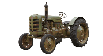 FARMING - Old vintage green tractor isolated on white background, classic farm vehicle, perfect for agricultural themes and machinery collections