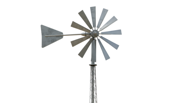 FARMING - Old metal windmill against white background, rustic farm equipment and vintage decor element, perfect for agricultural or energy concepts