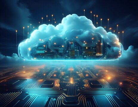 digital clouds float above a futuristic circuit board symbolizing cloud computing and data networks under a moody sky