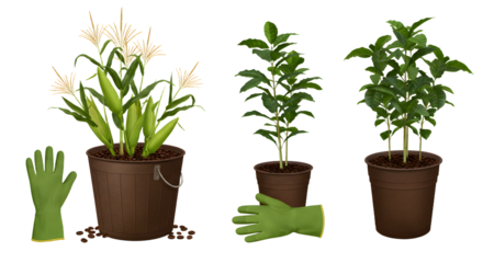 FARMING - Potted green plants and gardening gloves isolated on white background, perfect for gardening blogs and plant care tutorials