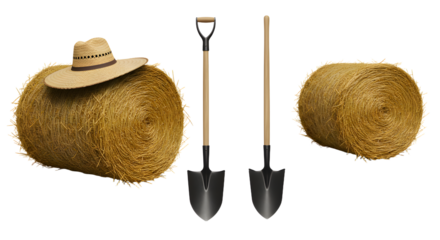 FARMING - Round hay bales with straw hat and two garden shovels isolated on white background, agriculture and farming tools concept