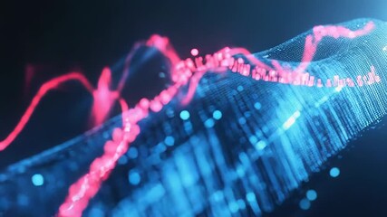 Abstract big data stream visualization showing red line graph flowing over blue digital network - Powered by Adobe