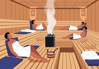 People relaxing and unwinding in a warm wood sauna enjoying the steam and heat for wellness