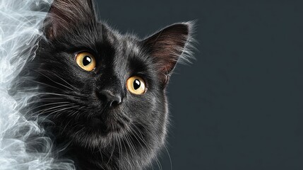 A black cat with yellow eyes is looking at the camera. The cat is in front of a black background