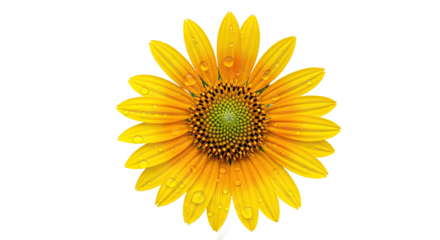 Vibrant yellow sunflower head with water droplets isolated on white.