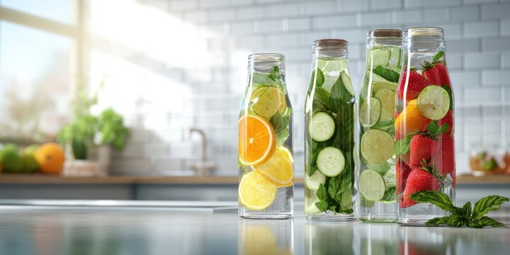 The refreshing infused water bottles with fruits and herbs in a modern kitchen.