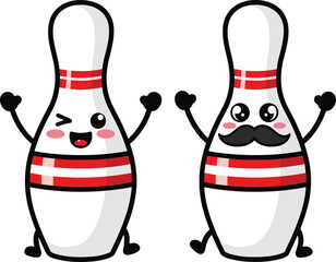 Bowling pin cartoon characters, playful sports mascot set, expressive face icons, celebration pose illustration, fun bowling design, animated vector pack, game-themed artwork