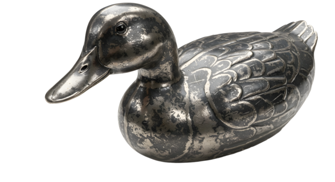 FARMING - Vintage silver duck figurine with detailed feather engraving isolated on white background, perfect for antique collections and home decor
