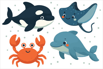 Naklejka premium A seamless set of funny cartoon sea animals including a shark, octopus, dolphin, and tropical fish vector illustration