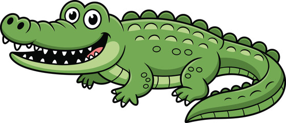 Cartoon crocodile illustration, green reptile, smiling animal, vector art, friendly character, sharp teeth, kids drawing, stock image, playful, predator