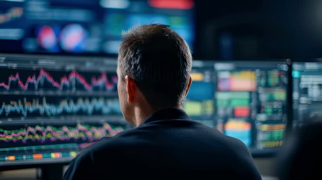 Medium shot of a control room officer monitoring SPC control charts with highlighted trends and alert indicators main chart display in crisp focus against a dimly blurred setting.