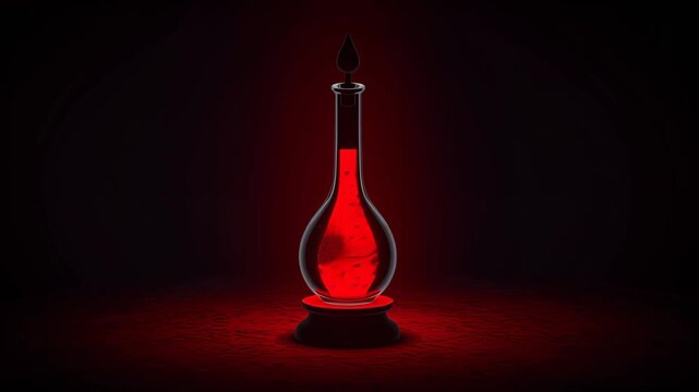 Red potion in a slender flask with dark shadows. Halloween potion background animation
