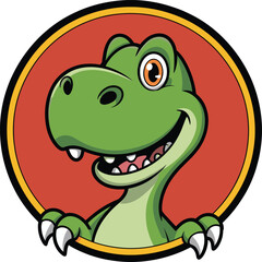 Cartoon dinosaur character, green T-Rex, cheerful expression, vector mascot, kid-friendly design, red background, circular frame, smiling dino, fun illustration