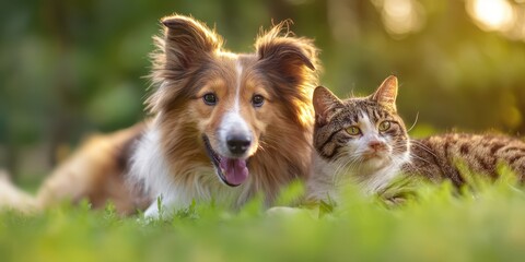The playful dog and cat enjoying a sunny day together in the grass.
