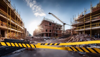an urban construction site showcasing a partially completed building yellow caution tape separates the area emphasizing safety and ongoing work amidst rubble and scaffolding