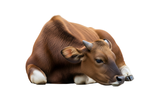 A young, brown bovine calf lies in repose against a stark black backdrop, showcasing its soft, detailed coat and gentle expression.