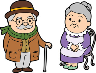 Cartoon elderly couple, senior man with cane, old woman sitting, family illustration, aging characters, warm moment, vector grandparents design