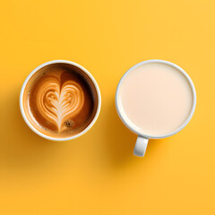 Cup of cappuccino with heart latte art and cup of milk on bright yellow background in modern caf&eacute; style