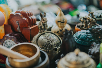 Vintage Brass and Ceramic Souvenirs at a Vietnamese Market Stall