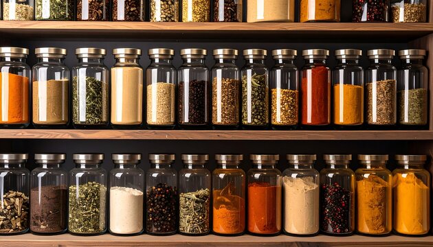 Organized spice jars on wooden shelves