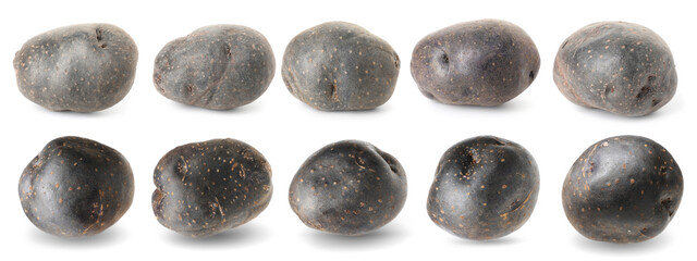 Raw purple potatoes isolated on white, set