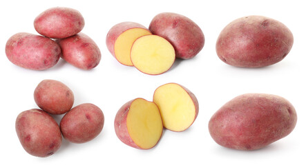 Raw red potatoes isolated on white, collage. Whole and cut