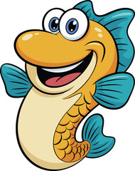 Cartoon fish character, vector illustration, smiling aquatic animal, orange head, blue fins, expressive eyes, playful design, stock art, children content