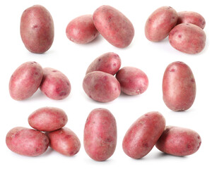 Raw red potatoes isolated on white, collage