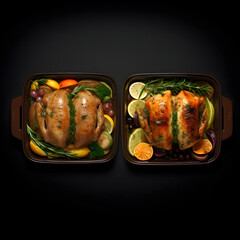 Oven-roasted chicken and vegetables served in two cast-iron pans on dark background in warm rustic food presentation