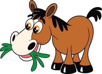 Cartoon horse eating leaves, cute farm animal, vector illustration, brown horse with foliage, black mane, playful character, stock art