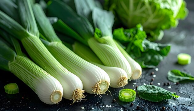 Cebolletas frescas con hojas verdes y repollo en fondo oscuro