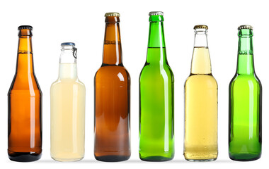 Different types of fresh beer in glass bottles isolated on white, set