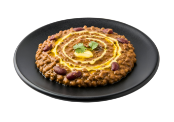 A flavorful dish of lentils and kidney beans, garnished with a creamy sauce and cilantro, presented on a dark plate against a black background.