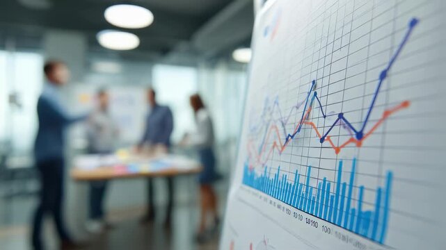 Medium shot of a detailed credit risk probability chart on a board front chart focused sharply with blurred team members discussing in the background.