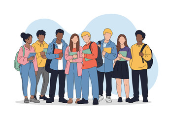 Fototapeta premium Diverse group of young students standing together holding books and backpacks ready for learning and education