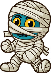 Cartoon mummy character, Halloween costume illustration, spooky walking figure, vector monster clipart, horror theme art, children scary drawing, stock image